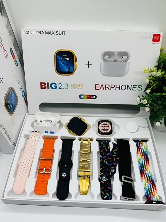 (10 in 1) i20 Ultra Max Suit Smart Watch with 7 Strips and Airpods